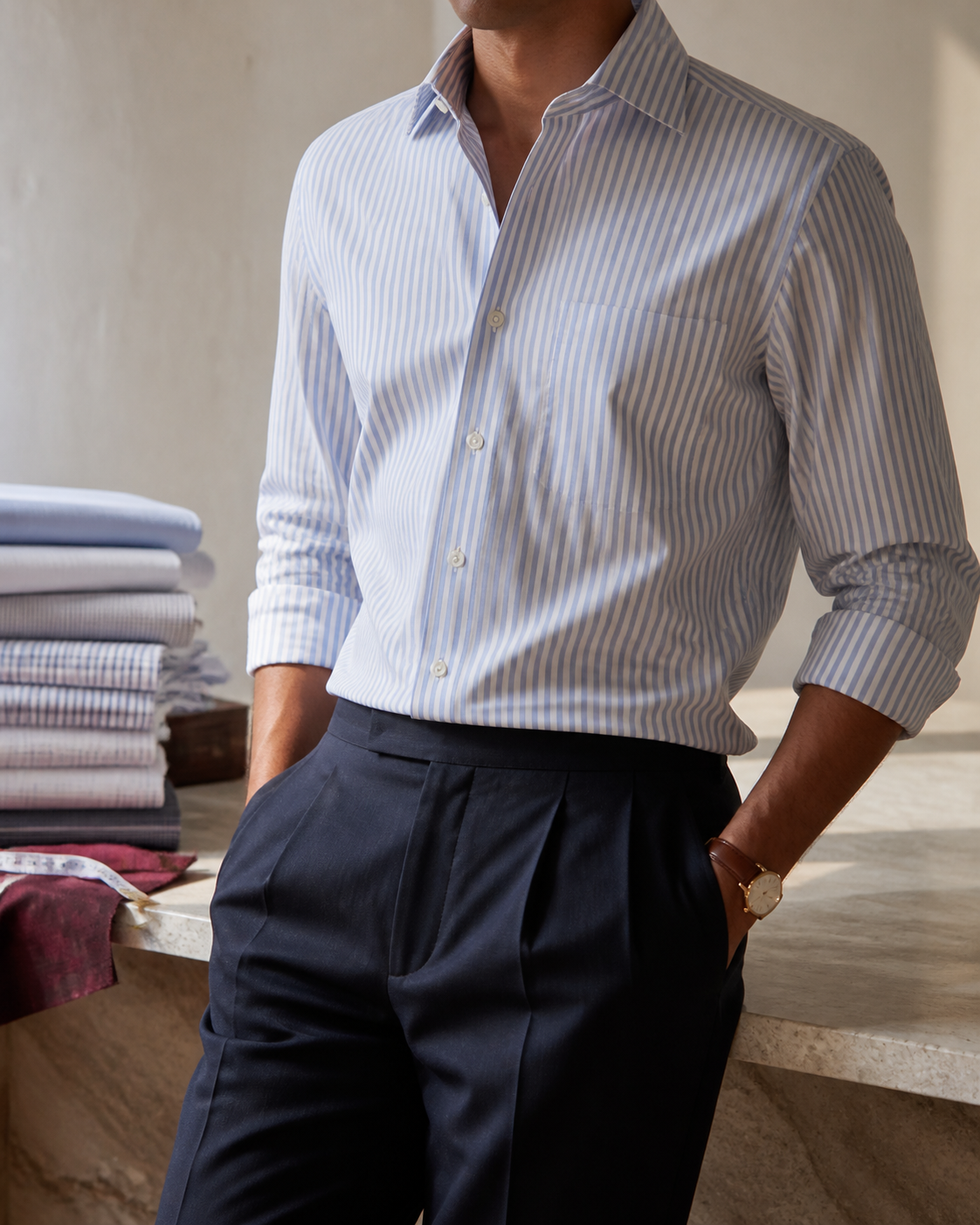 Crisp blue shirting fabric and a man in a tailored shirt