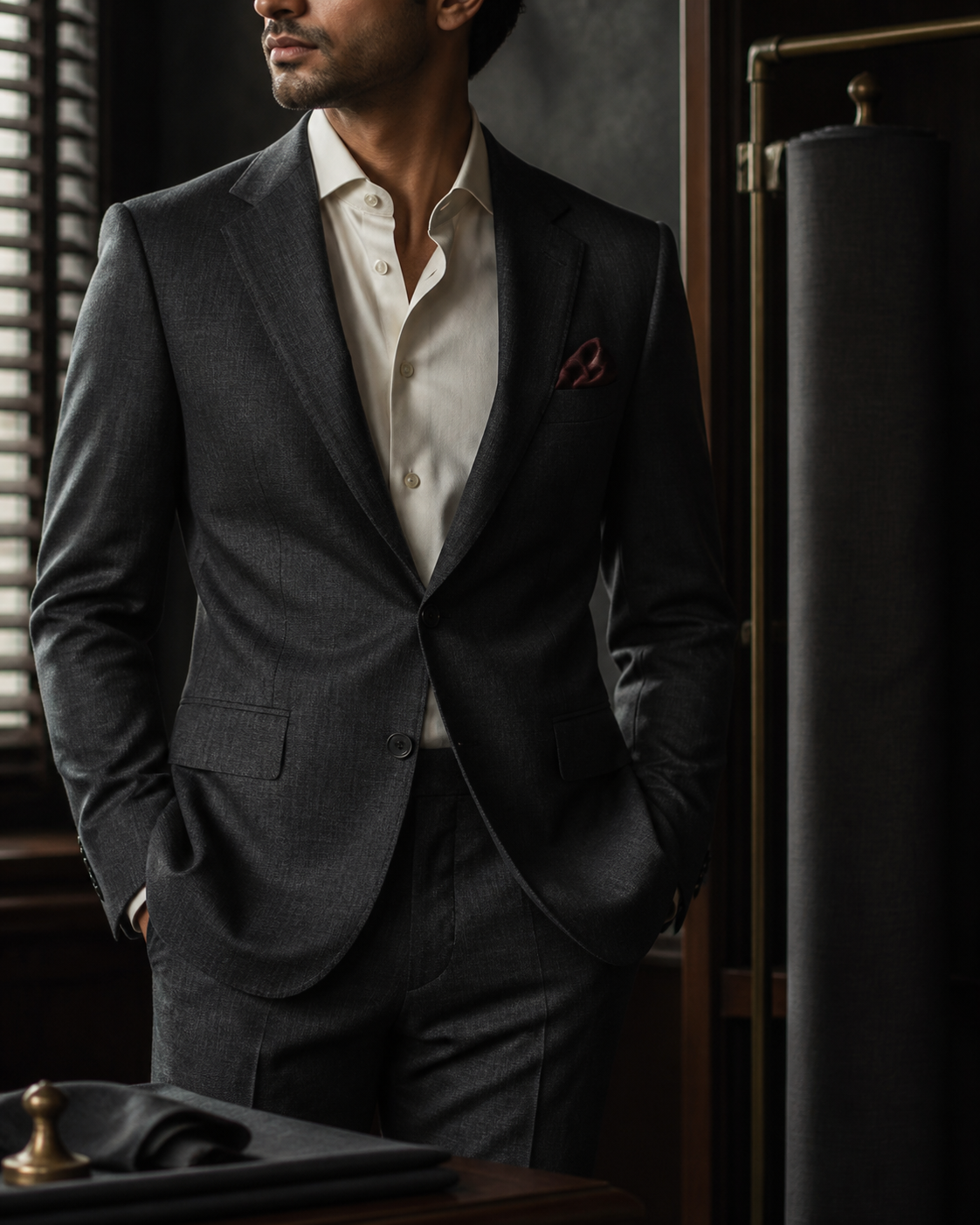 Man wearing a charcoal tailored suit in a tailoring studio