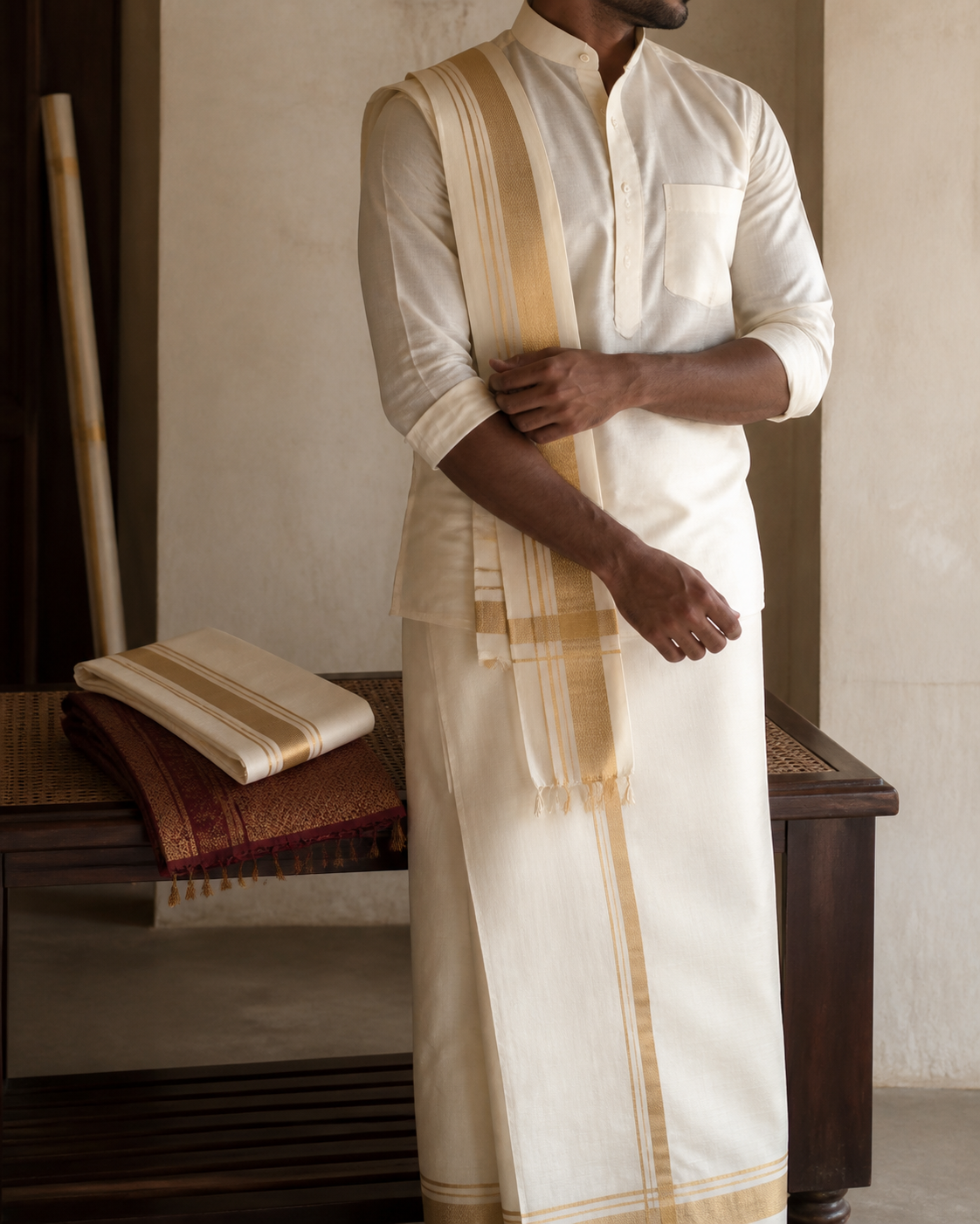 Man wearing an ivory pancha and kurta with a muted gold border