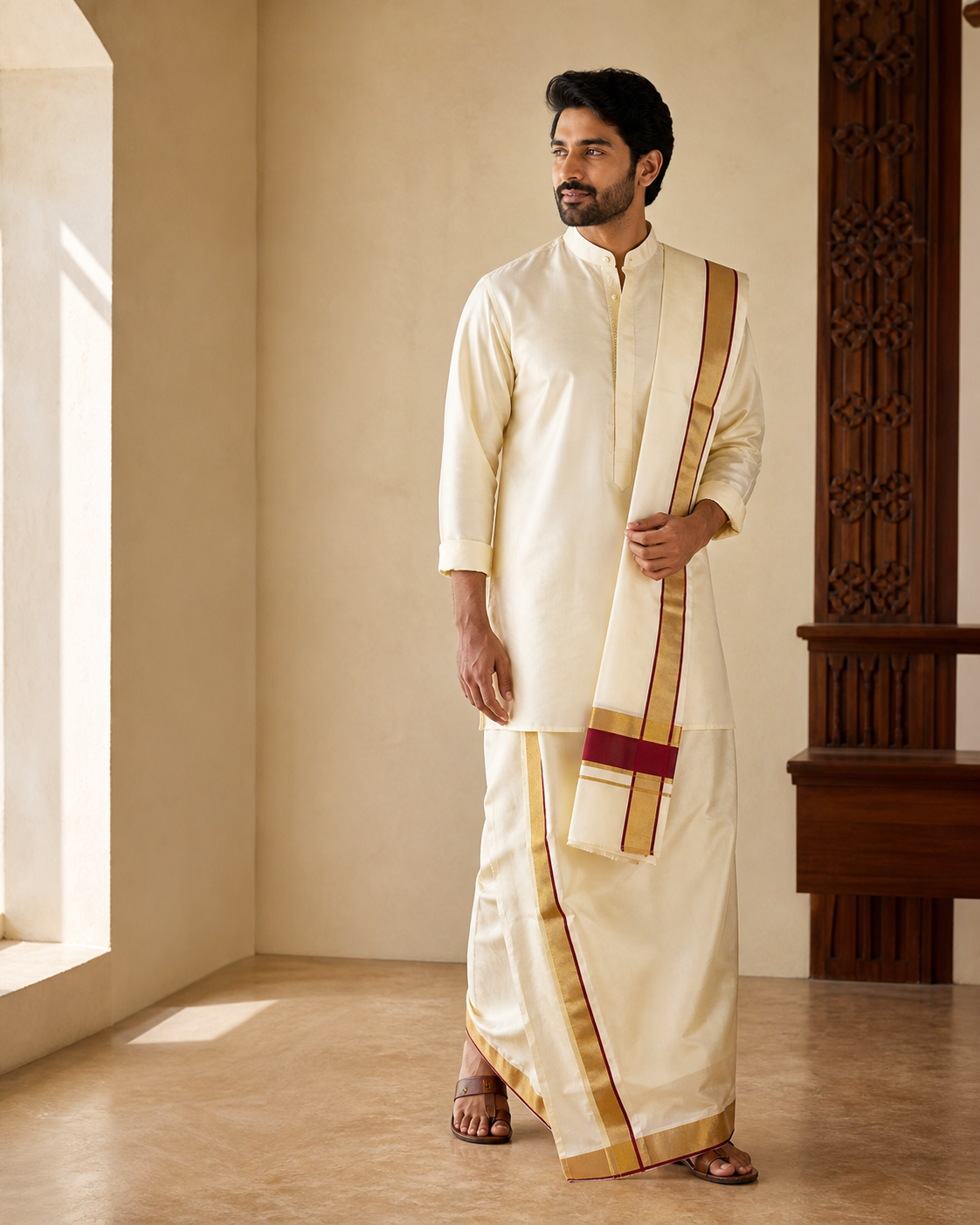 Ivory Pattu Dhoti Kurta Fabric Set shown worn as finished menswear